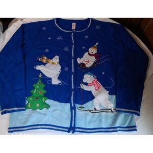 Women's Christmas Sweater L (12-14) Polar Bears Embroidered Blue Ugly READ